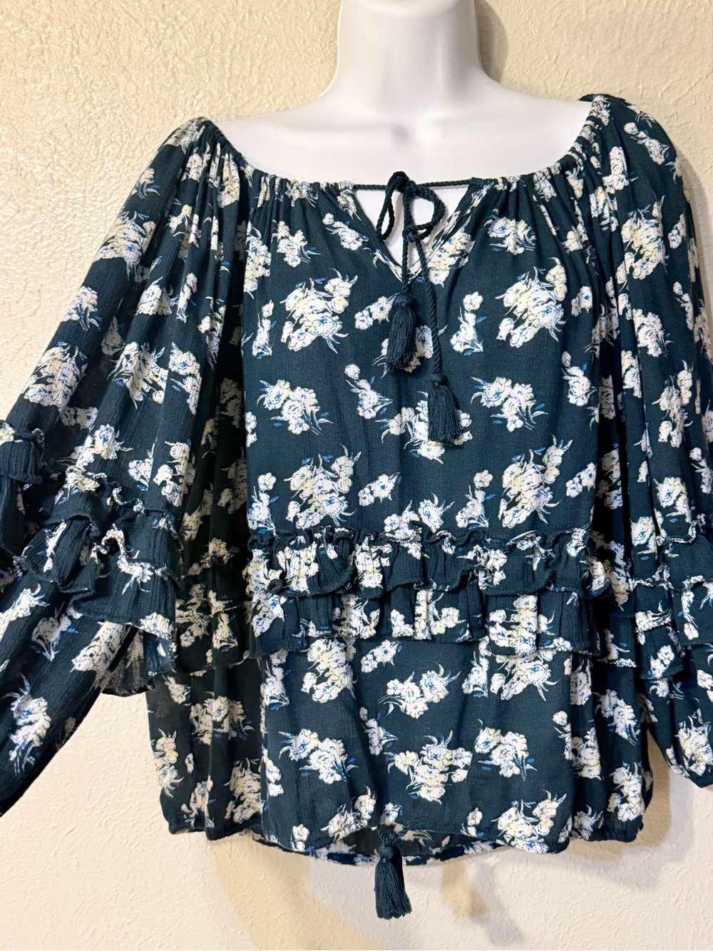 RL BOHO Denim & Supply Ralph Lauren Blue Floral Cottage Peasant Blouse Top - Picture 4 of 13